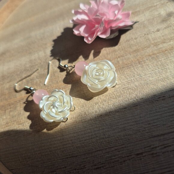 Handmade Pink Coquette Flower Earrings - Picture 3 of 3
